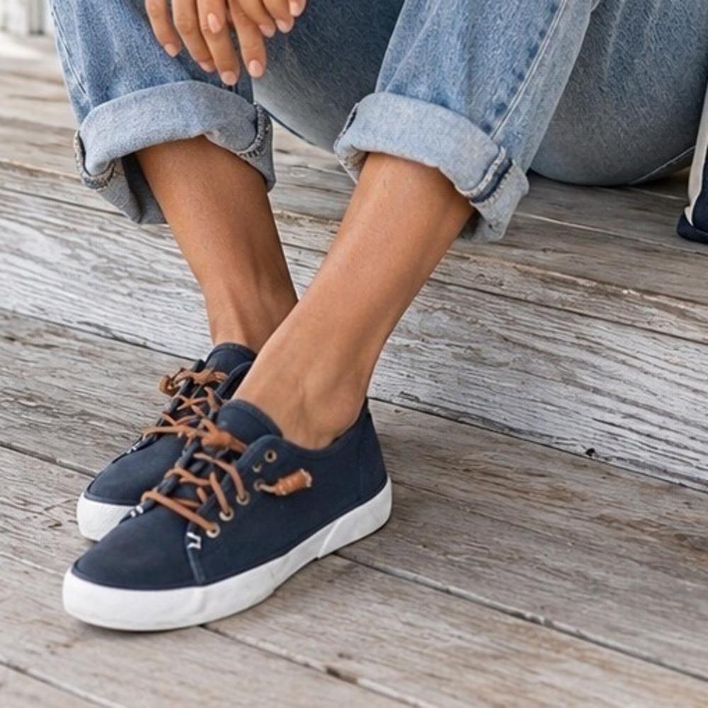Sperry Navy Canvas Sneakers Womens 7 Boat Shoes Casual Coastal Lace Up Prep
